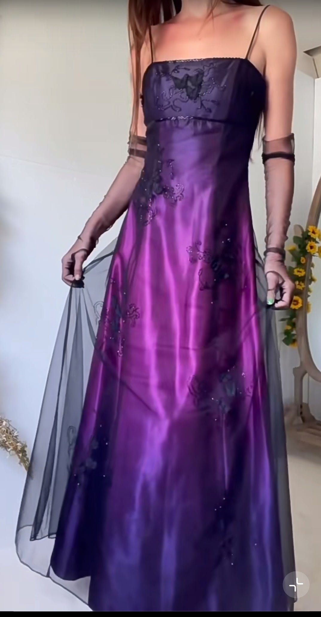 Midnight Purple Satin Long Prom Dress Enchanted Spaghetti Strap Beading & Tulle Evening Gown HZ1024