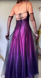Midnight Purple Satin Long Prom Dress Enchanted Spaghetti Strap Beading & Tulle Evening Gown HZ1024