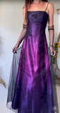 Midnight Purple Satin Long Prom Dress Enchanted Spaghetti Strap Beading & Tulle Evening Gown HZ1024
