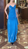 Blue Spaghetti Strap Velvet Long Prom Dress Vintage Backless Party Dress HZ1024