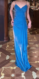 Blue Spaghetti Strap Velvet Long Prom Dress Vintage Backless Party Dress HZ1024