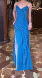 Blue Spaghetti Strap Velvet Long Prom Dress Vintage Backless Party Dress HZ1024