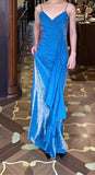 Blue Spaghetti Strap Velvet Long Prom Dress Vintage Backless Party Dress HZ1024