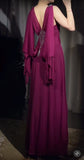 A-Line Grape V-neck Long Prom Dress Glam Sleeveless Chiffon Evening Dress HZ1024