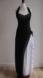 Black Chiffon Beaded Neck Prom Dresses Elegant White Ruffle Party Dresses HZ1024