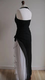 Black Chiffon Beaded Neck Prom Dresses Elegant White Ruffle Party Dresses HZ1024