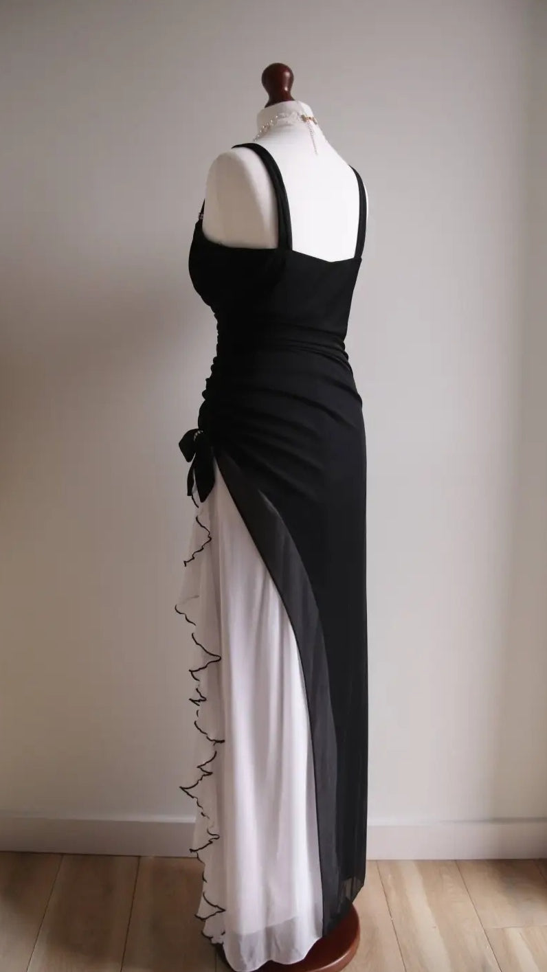 Black V-neck Chiffon Ball Dress Glam Ruffle Party Dress HZ1024