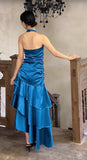 Satin Blue Halter Prom Dresses Elegant Ruffle Backless Party Dresses HZ1024