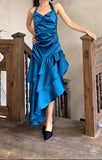 Satin Blue Halter Prom Dresses Elegant Ruffle Backless Party Dresses HZ1024
