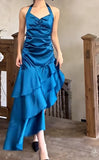 Satin Blue Halter Prom Dresses Elegant Ruffle Backless Party Dresses HZ1024