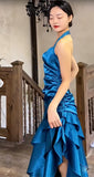 Satin Blue Halter Prom Dresses Elegant Ruffle Backless Party Dresses HZ1024