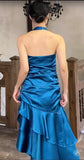 Satin Blue Halter Prom Dresses Elegant Ruffle Backless Party Dresses HZ1024