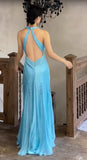 Satin Sky Blue Halter Prom Dress Elegant Beaded Backless Evening Gowns HZ1024