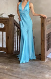 Satin Sky Blue Halter Prom Dress Elegant Beaded Backless Evening Gowns HZ1024