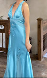 Satin Sky Blue Halter Prom Dress Elegant Beaded Backless Evening Gowns HZ1024