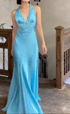 Satin Sky Blue Halter Prom Dress Elegant Beaded Backless Evening Gowns HZ1024