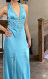 Satin Sky Blue Halter Prom Dress Elegant Beaded Backless Evening Gowns HZ1024