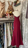 Red Satin Lace Applique Beaded Long Prom Dress Vintage Spaghetti Straps Mermaid Gowns (Under $200) HZ1024