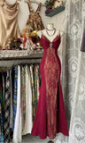 Red Satin Lace Applique Beaded Long Prom Dress Vintage Spaghetti Straps Mermaid Gowns (Under $200) HZ1024