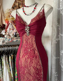 Red Satin Lace Applique Beaded Long Prom Dress Vintage Spaghetti Straps Mermaid Gowns (Under $200) HZ1024