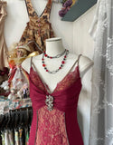 Red Satin Lace Applique Beaded Long Prom Dress Vintage Spaghetti Straps Mermaid Gowns (Under $200) HZ1024