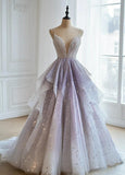 Spaghetti Straps A-line Tulle Sequins Deep V Neck Layered Long Ball Gown Formal Evening Dress HZ1024
