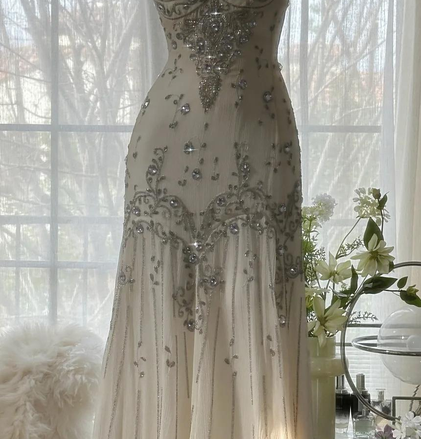 Spaghetti Straps Apricot Beaded Chiffon Mermaid Gowns Vintage Backless Prom Dress HZ1024