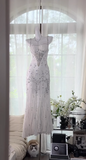 Spaghetti Straps Apricot Beaded Chiffon Mermaid Gowns Vintage Backless Prom Dress HZ1024
