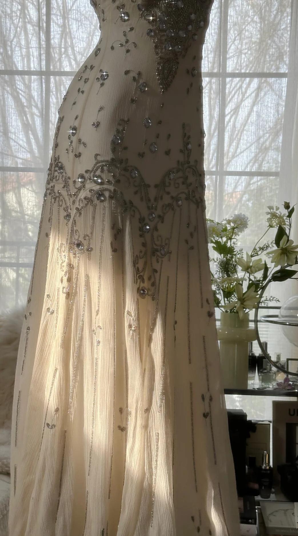 Spaghetti Straps Apricot Beaded Chiffon Mermaid Gowns Vintage Backless Prom Dress HZ1024