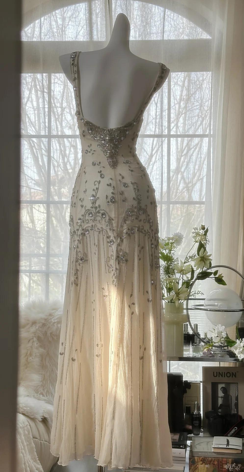 Spaghetti Straps Apricot Beaded Chiffon Mermaid Gowns Vintage Backless Prom Dress HZ1024