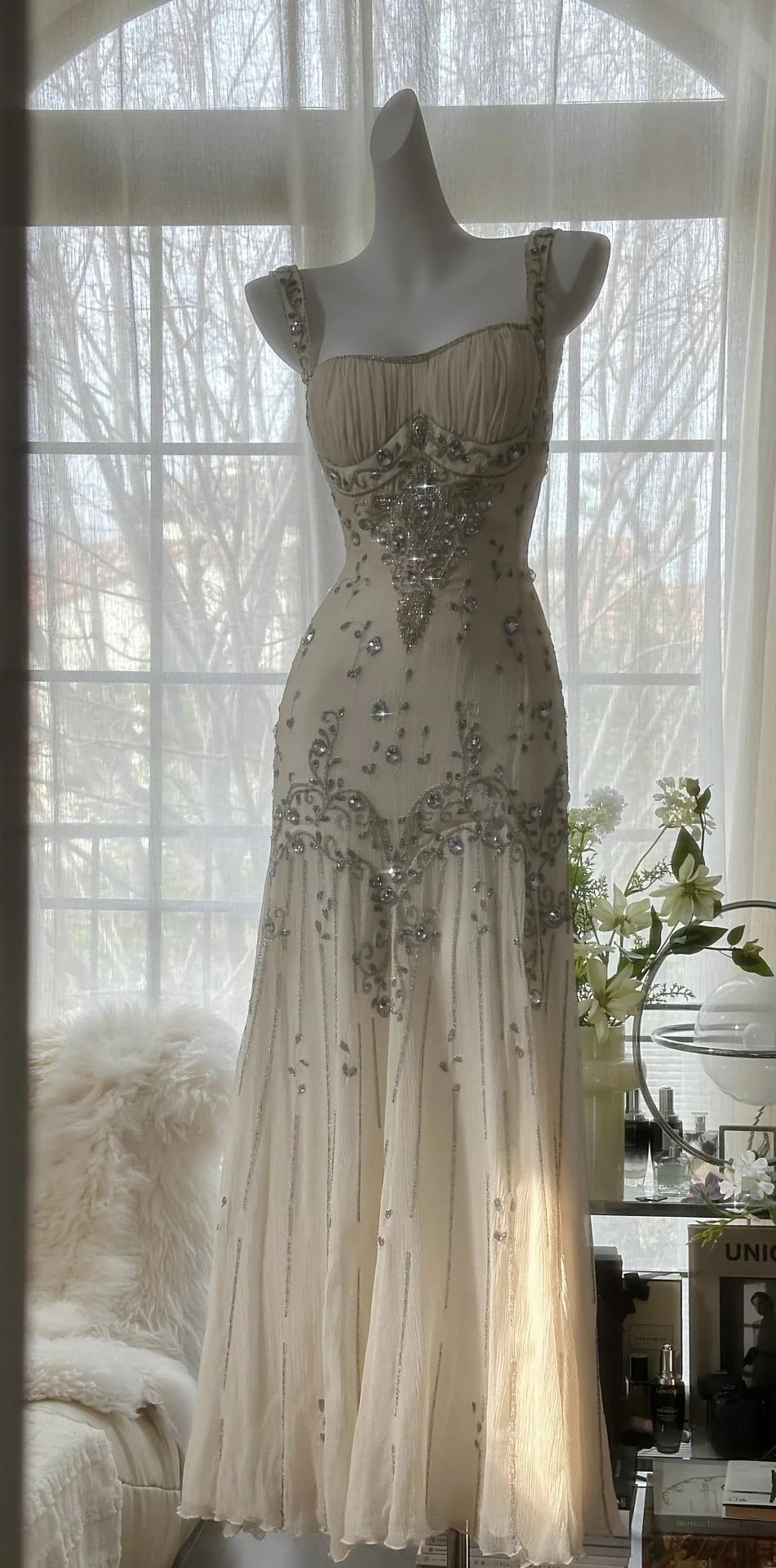 Spaghetti Straps Apricot Beaded Chiffon Mermaid Gowns Vintage Backless Prom Dress HZ1024
