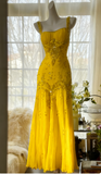 Spaghetti Straps Apricot Beaded Chiffon Mermaid Gowns Vintage Backless Prom Dress HZ1024