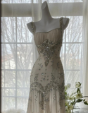 Spaghetti Straps Apricot Beaded Chiffon Mermaid Gowns Vintage Backless Prom Dress HZ1024
