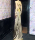 Spaghetti Strap V-Neck Satin Beaded Long Prom Dress Shiny Beaded Backless Evening Dress HZ1024