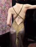Spaghetti Strap V-Neck Satin Beaded Long Prom Dress Shiny Beaded Backless Evening Dress HZ1024