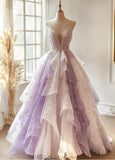 A-line Spaghetti Strap V-Neck Gradient Purple Tulle Long Prom Dresses Shiny Sequins Layered Evening Gown HZ1024