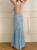 Sky Blue Tulle Mermaid Gowns V-Neck Shiny Sequined Backless Long Prom Dresses HZ1024