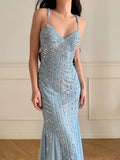 Sky Blue Tulle Mermaid Gowns V-Neck Shiny Sequined Backless Long Prom Dresses HZ1024