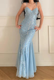 Sky Blue Tulle Mermaid Gowns V-Neck Shiny Sequined Backless Long Prom Dresses HZ1024