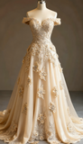 Red A-line Off-the-shoulder Tulle Beaded Long Prom Dress Formal Applique Evening Dress HZ1024