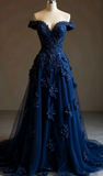 Red A-line Off-the-shoulder Tulle Beaded Long Prom Dress Formal Applique Evening Dress HZ1024