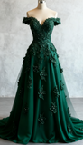 Red A-line Off-the-shoulder Tulle Beaded Long Prom Dress Formal Applique Evening Dress HZ1024