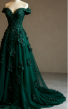 Red A-line Off-the-shoulder Tulle Beaded Long Prom Dress Formal Applique Evening Dress HZ1024