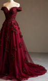 Red A-line Off-the-shoulder Tulle Beaded Long Prom Dress Formal Applique Evening Dress HZ1024