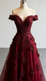 Red A-line Off-the-shoulder Tulle Beaded Long Prom Dress Formal Applique Evening Dress HZ1024