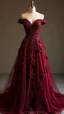 Red A-line Off-the-shoulder Tulle Beaded Long Prom Dress Formal Applique Evening Dress HZ1024