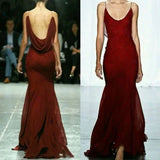Burgundy Spaghetti Straps Mermaid Backless Chiffon Long Prom Dress HZ1024