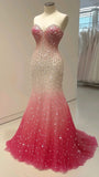 Gradient Pink Sweetheart Neck Tulle Mermaid Shiny Sequin Long Prom Dress HZ1024
