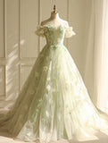 Light Green A-Line Tulle Off-the-shoulder Applique Long Prom Dress HZ1024