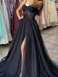 Black A-Line Tulle Sequin Long Prom Dress Spaghetti Strap Formal Evening Dress with Silt HZ1024